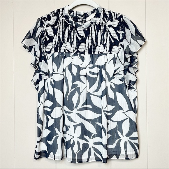 Marie Oliver Silk Sami Blouse Medium top tropical floral metallic shimmer flowy - Picture 2 of 12